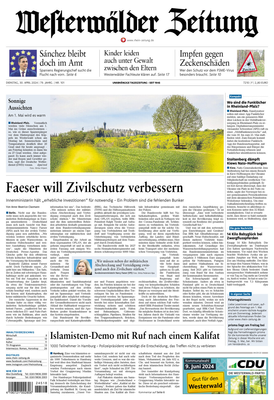 Westerwälder Zeitung vom Dienstag, 30.04.2024