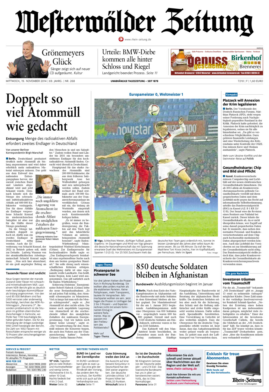 Westerwälder Zeitung vom Mittwoch, 19.11.2014