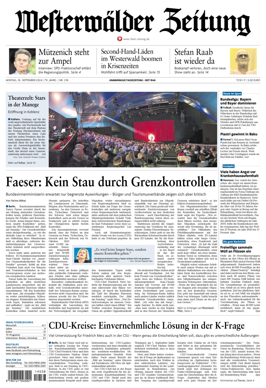 Westerwälder Zeitung vom Montag, 16.09.2024