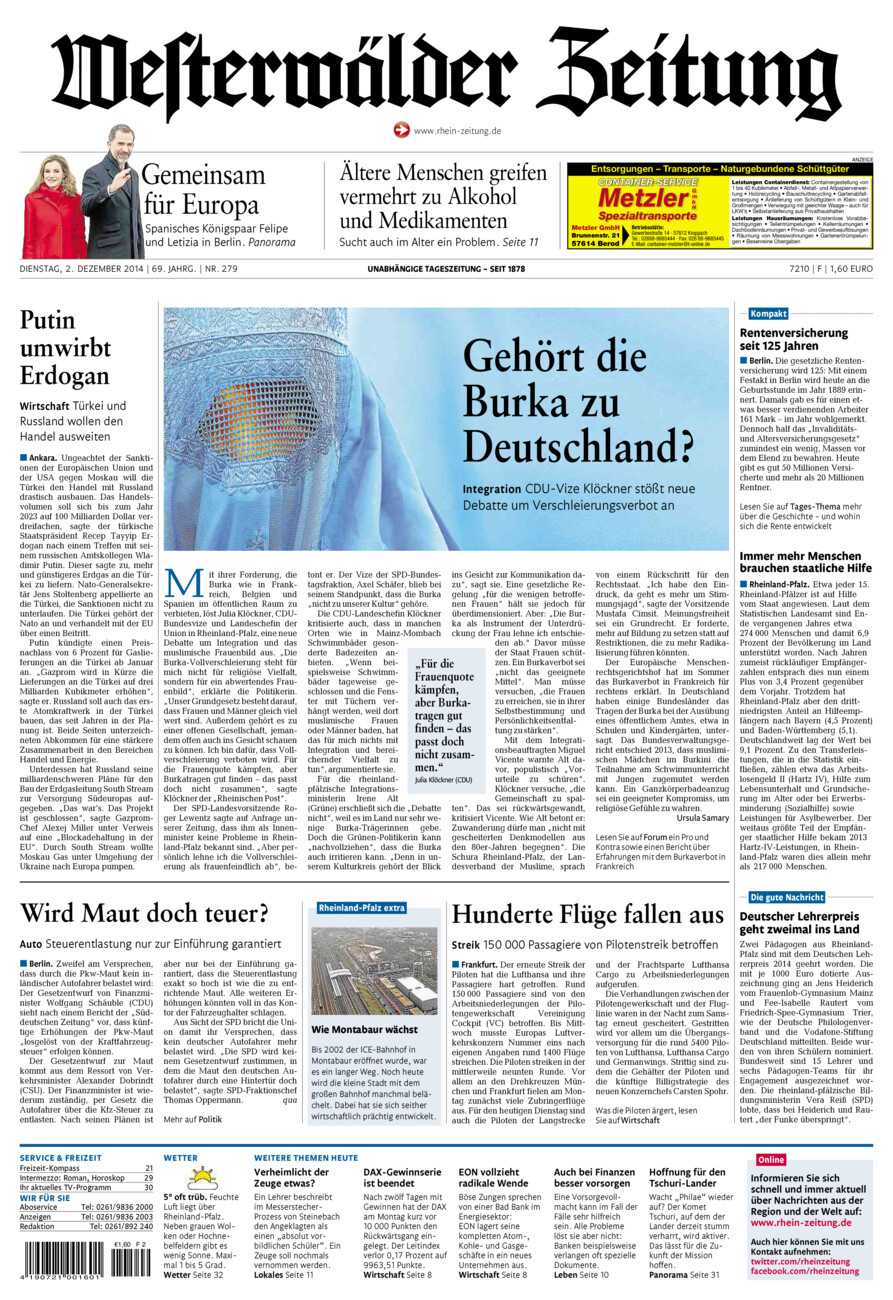 Westerwälder Zeitung vom Dienstag, 02.12.2014