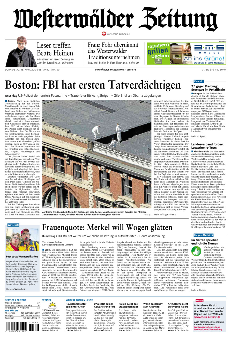 Westerwälder Zeitung vom Donnerstag, 18.04.2013