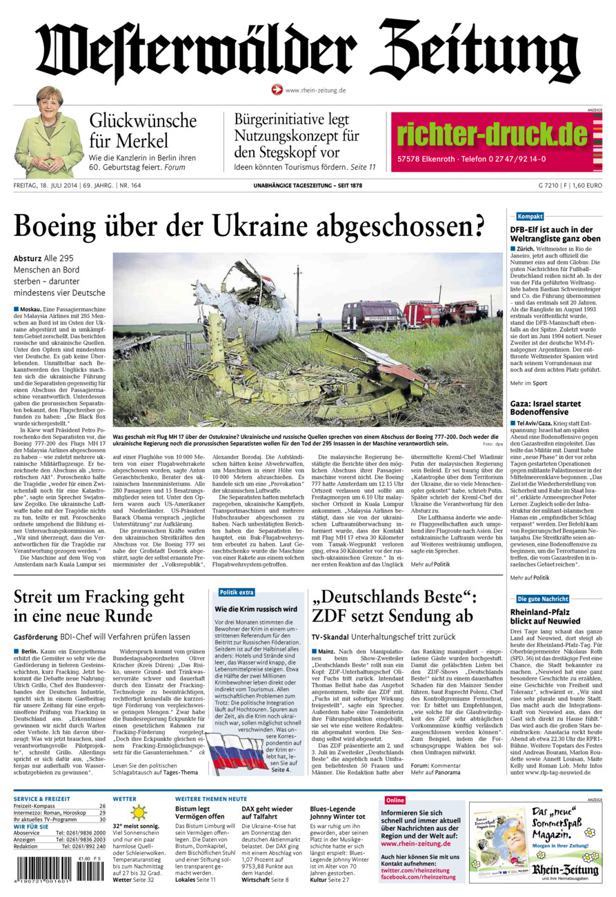 Westerwälder Zeitung vom Freitag, 18.07.2014