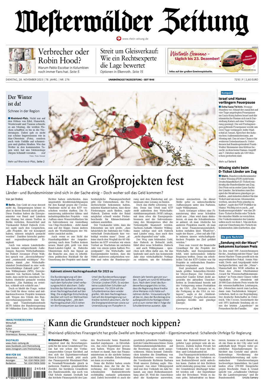Westerwälder Zeitung vom Dienstag, 28.11.2023
