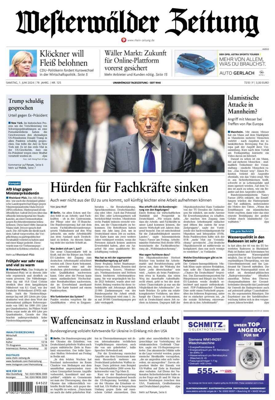 Westerwälder Zeitung vom Samstag, 01.06.2024