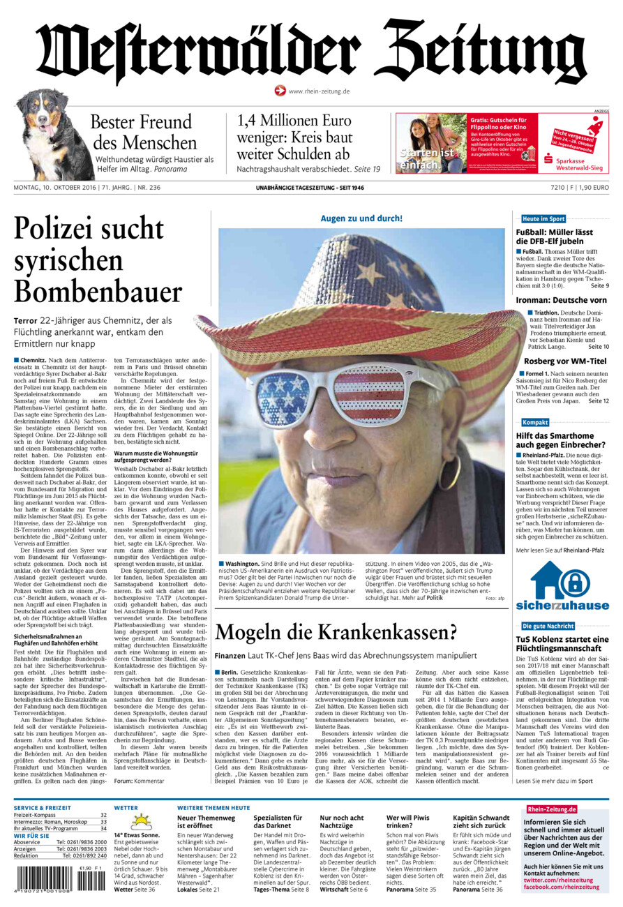 Westerwälder Zeitung vom Montag, 10.10.2016