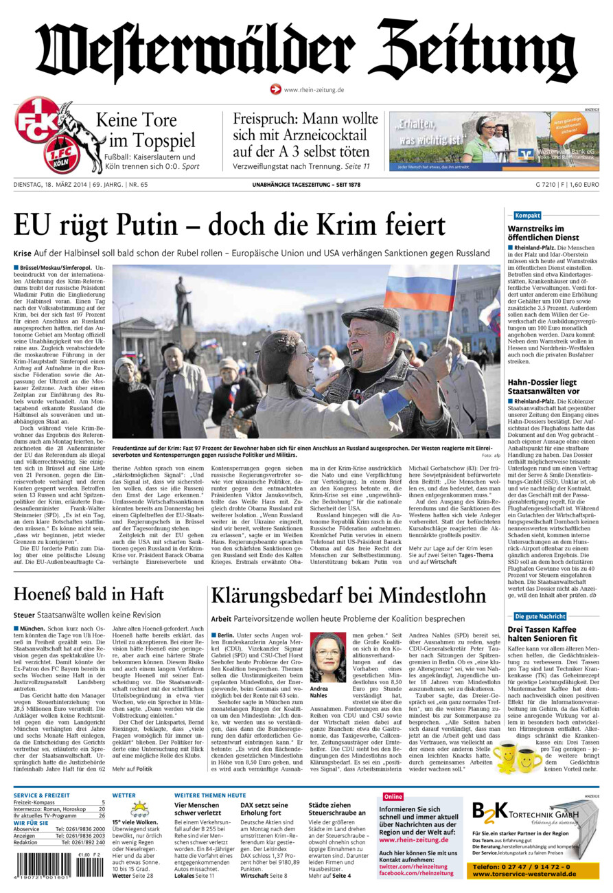 Westerwälder Zeitung vom Dienstag, 18.03.2014