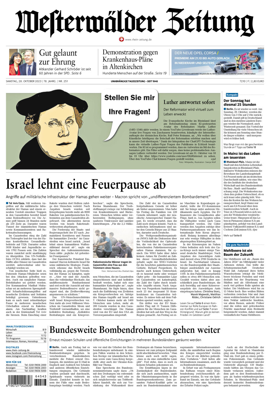 Westerwälder Zeitung vom Samstag, 28.10.2023
