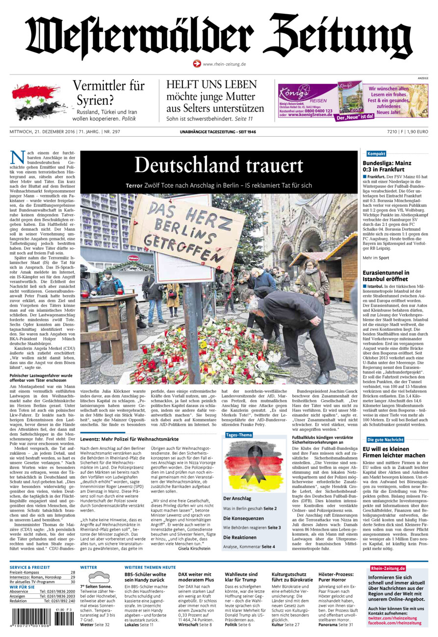 Westerwälder Zeitung vom Mittwoch, 21.12.2016