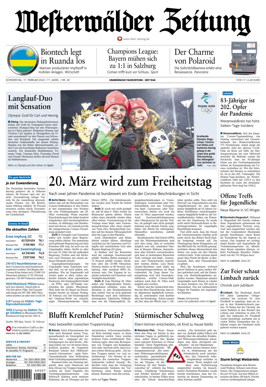 Westerwälder Zeitung vom Donnerstag, 17.02.2022