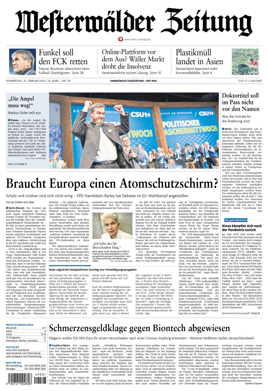 Westerwälder Zeitung vom Donnerstag, 15.02.2024