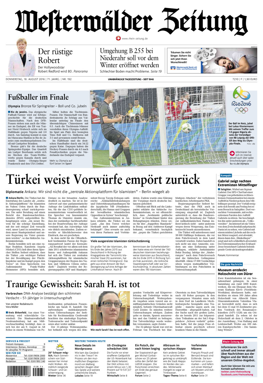 Westerwälder Zeitung vom Donnerstag, 18.08.2016
