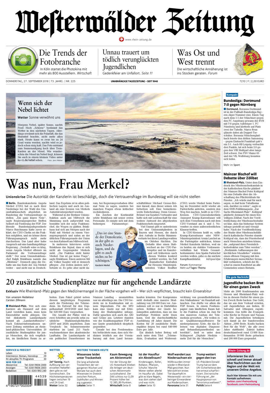 Westerwälder Zeitung vom Donnerstag, 27.09.2018