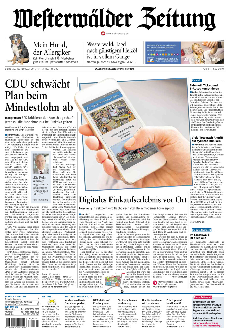 Westerwälder Zeitung vom Dienstag, 16.02.2016