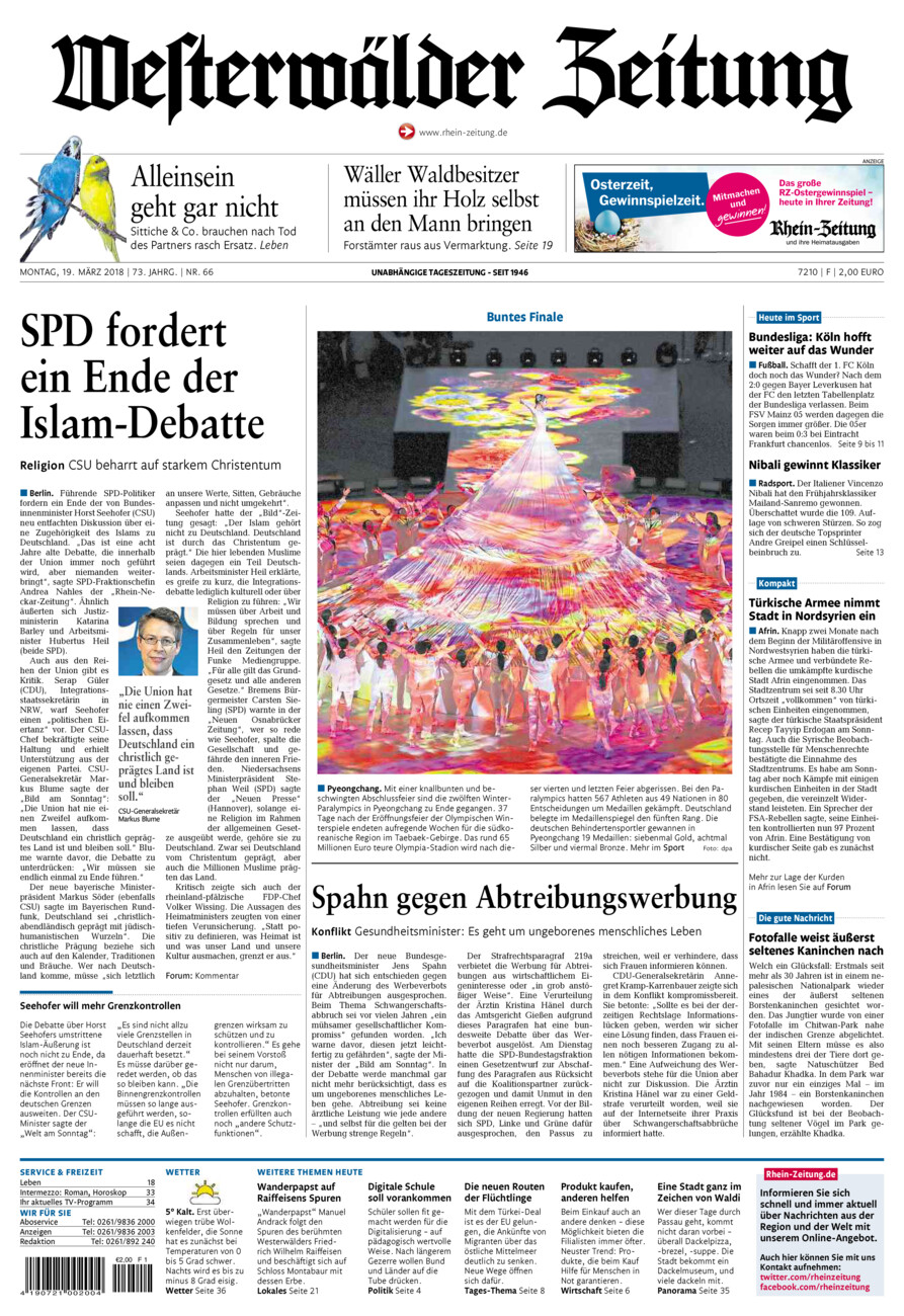 Westerwälder Zeitung vom Montag, 19.03.2018