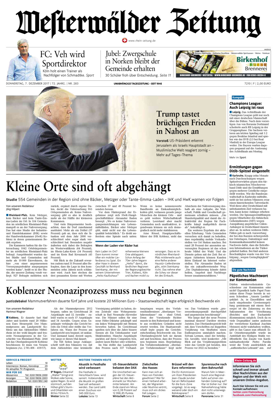 Westerwälder Zeitung vom Donnerstag, 07.12.2017