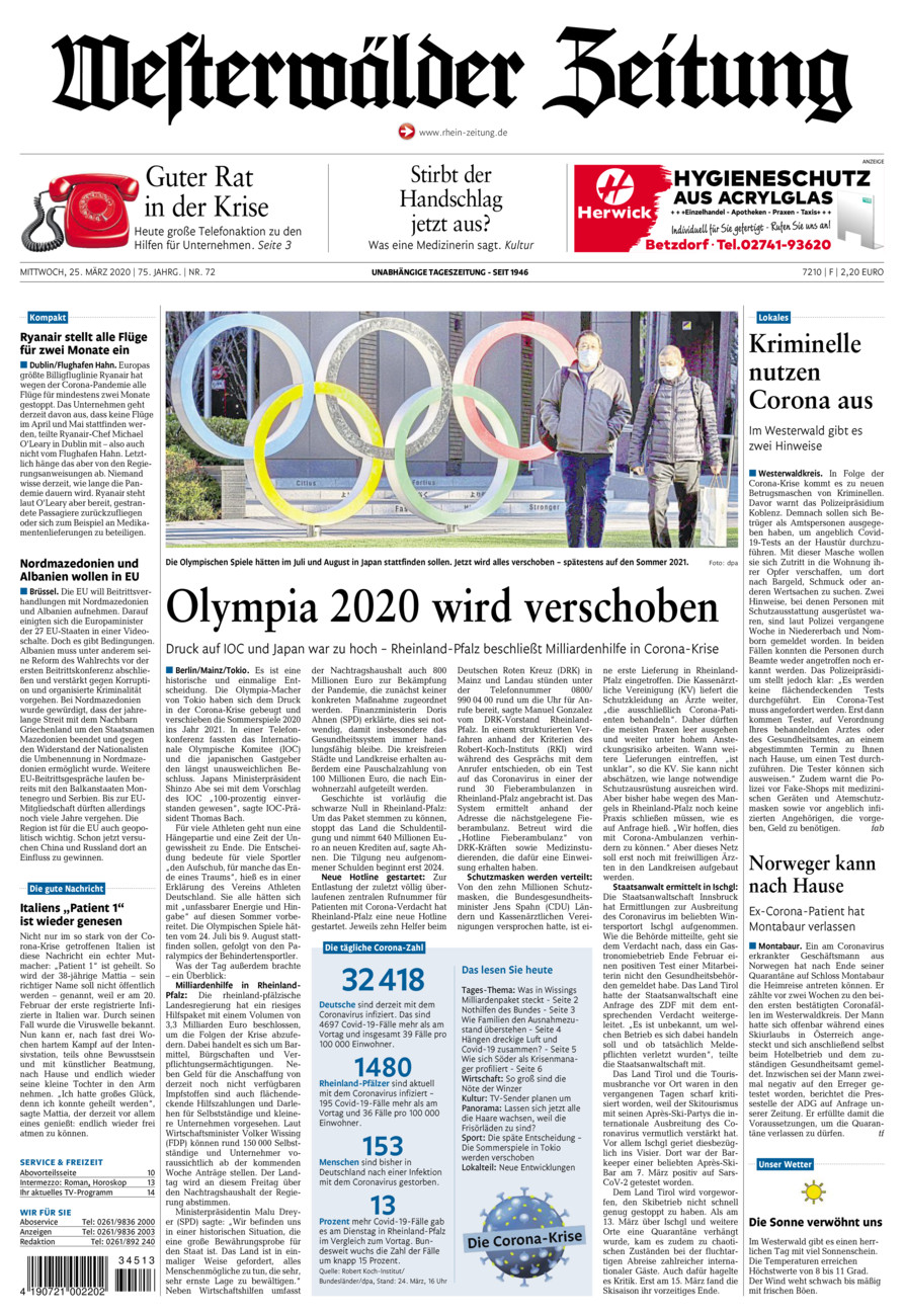 Westerwälder Zeitung vom Mittwoch, 25.03.2020