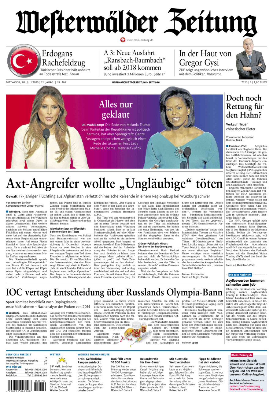 Westerwälder Zeitung vom Mittwoch, 20.07.2016