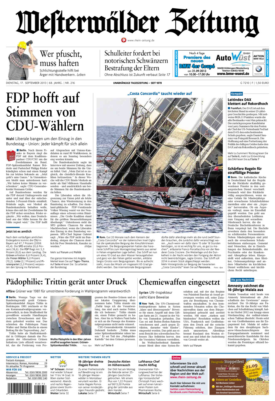 Westerwälder Zeitung vom Dienstag, 17.09.2013