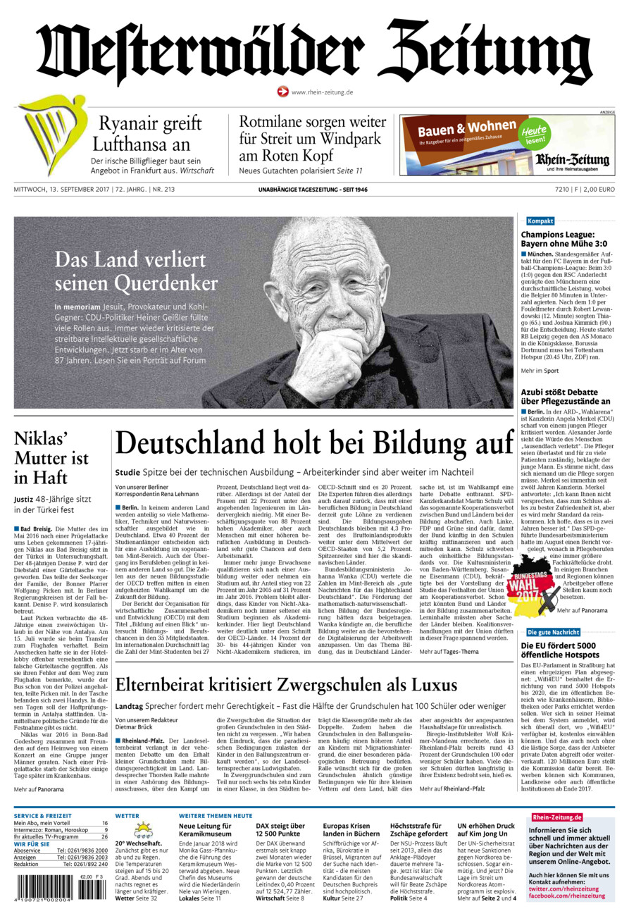 Westerwälder Zeitung vom Mittwoch, 13.09.2017