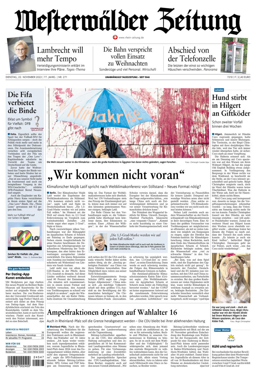 Westerwälder Zeitung vom Dienstag, 22.11.2022