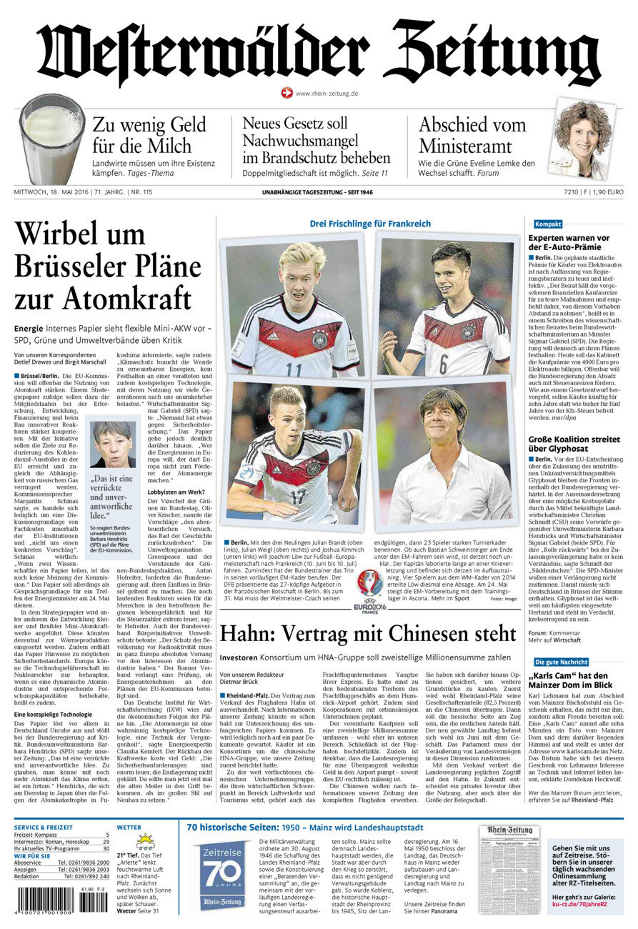 Westerwälder Zeitung vom Mittwoch, 18.05.2016