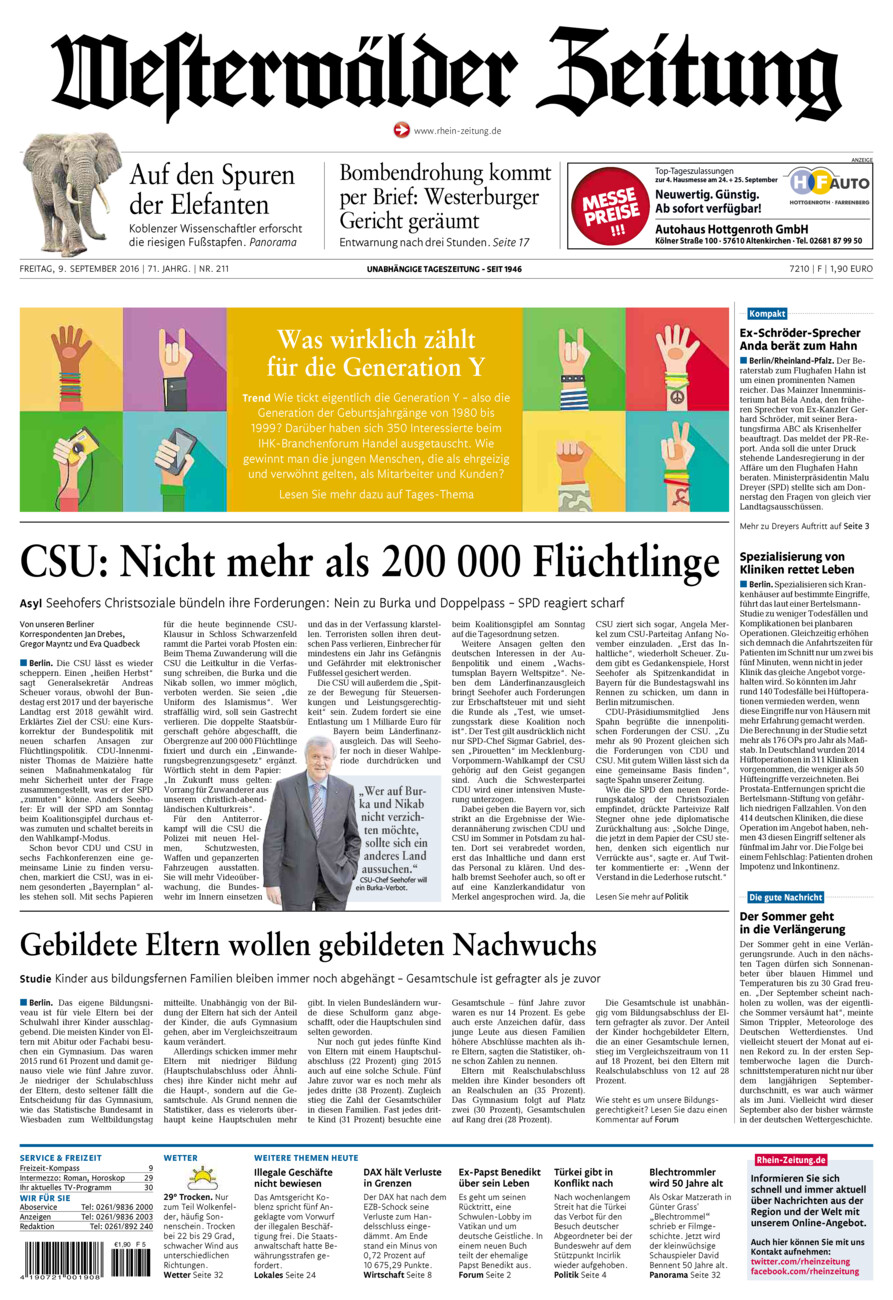 Westerwälder Zeitung vom Freitag, 09.09.2016