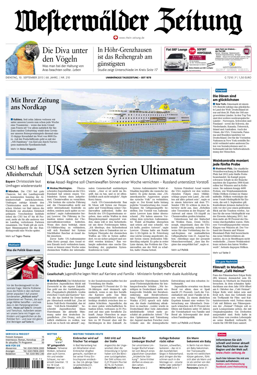 Westerwälder Zeitung vom Dienstag, 10.09.2013