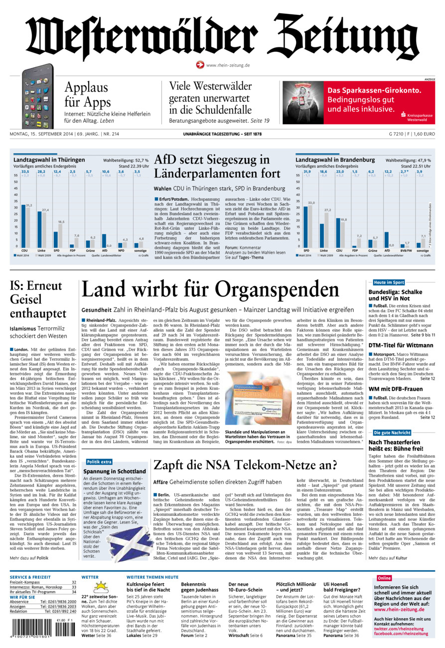 Westerwälder Zeitung vom Montag, 15.09.2014