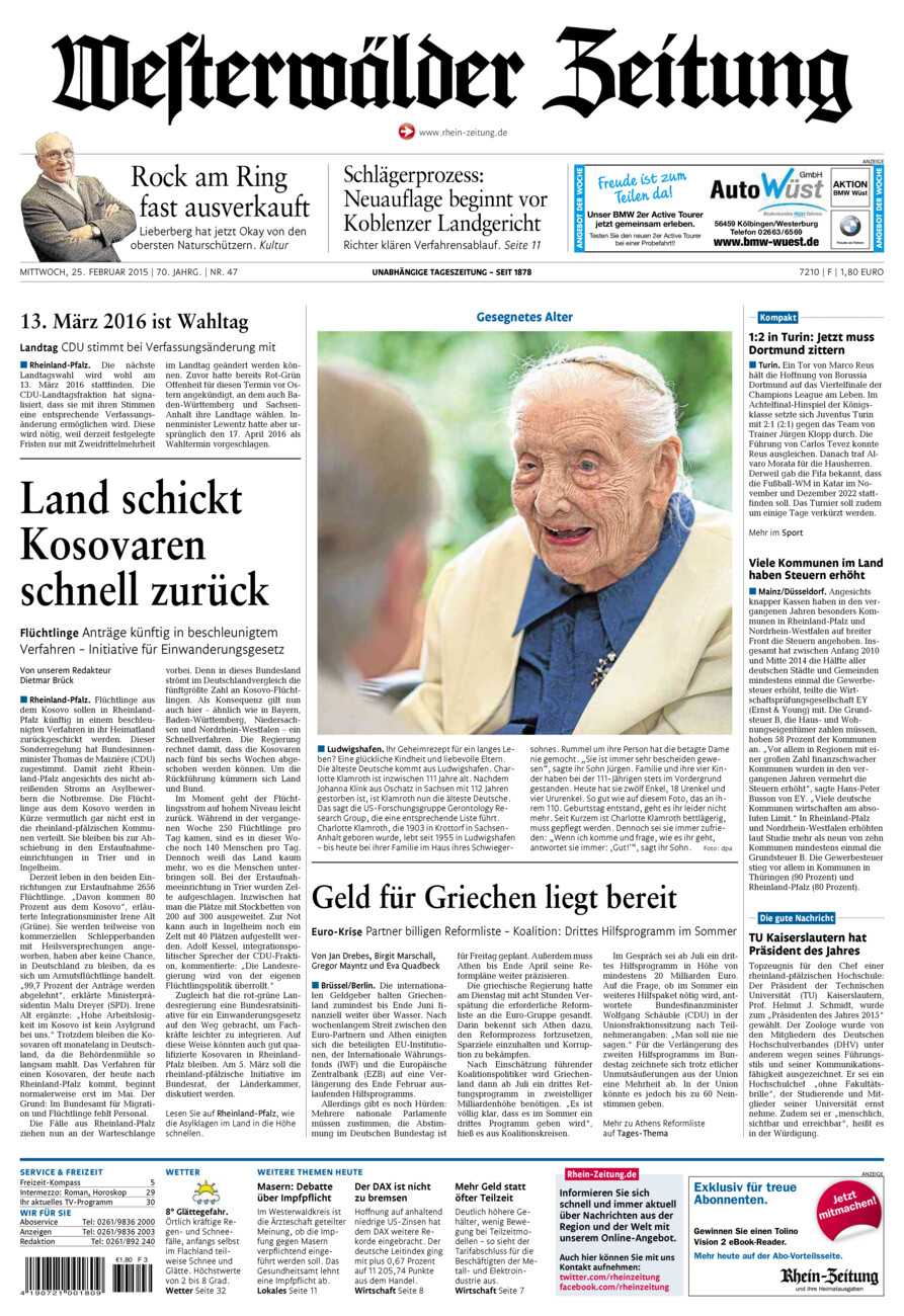 Westerwälder Zeitung vom Mittwoch, 25.02.2015