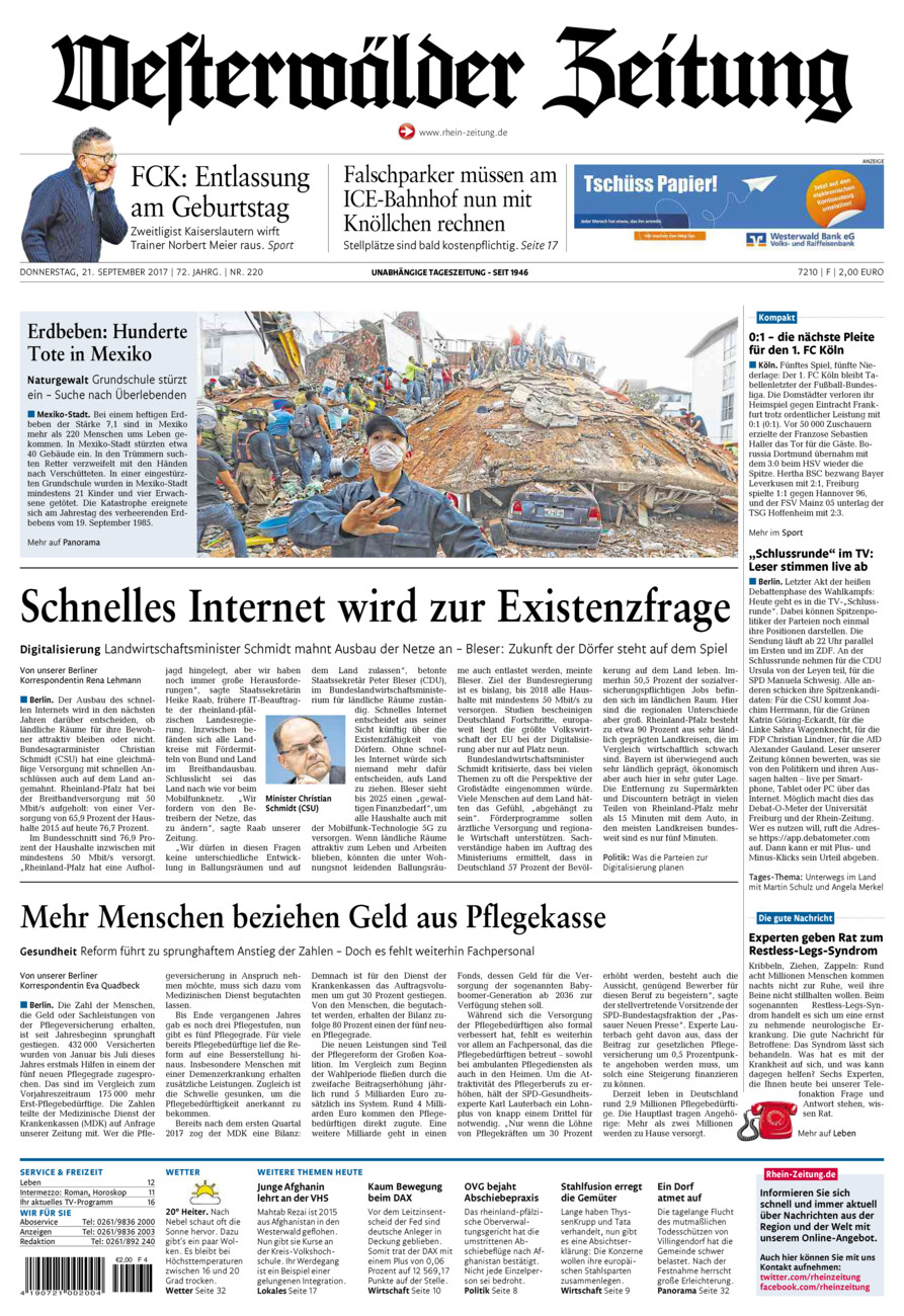 Westerwälder Zeitung vom Donnerstag, 21.09.2017