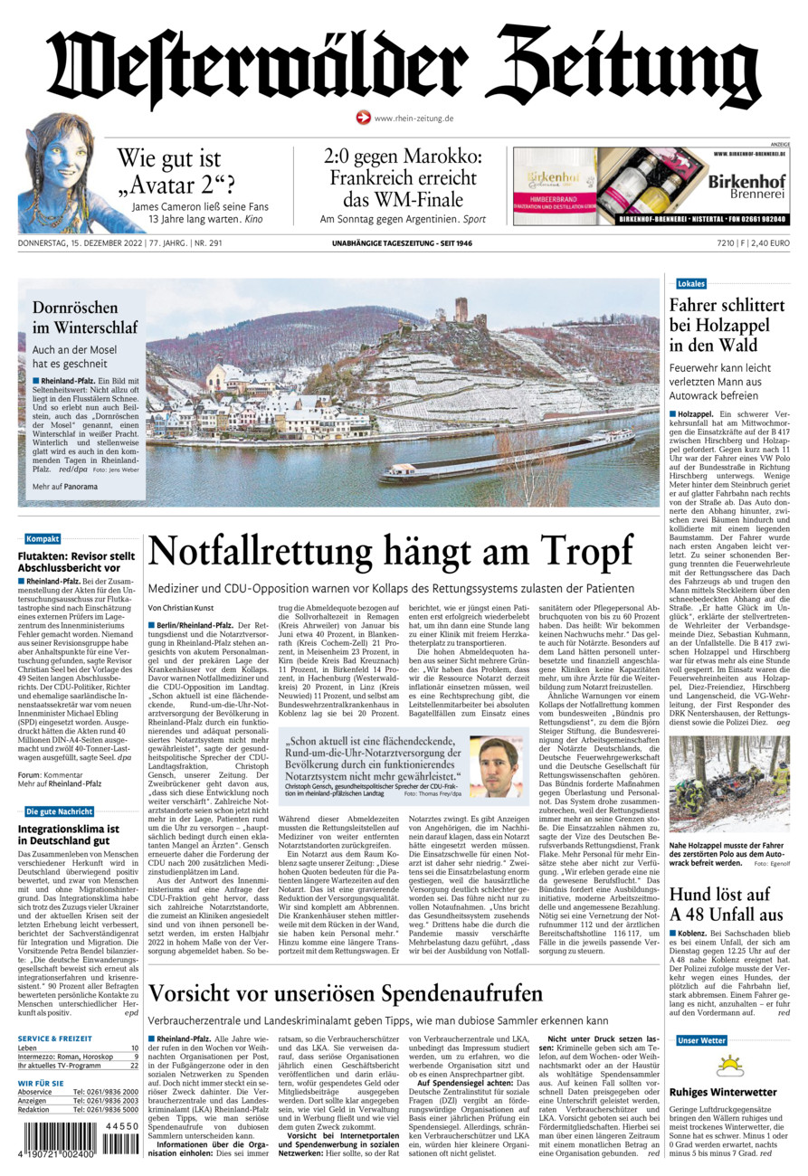 Westerwälder Zeitung vom Donnerstag, 15.12.2022