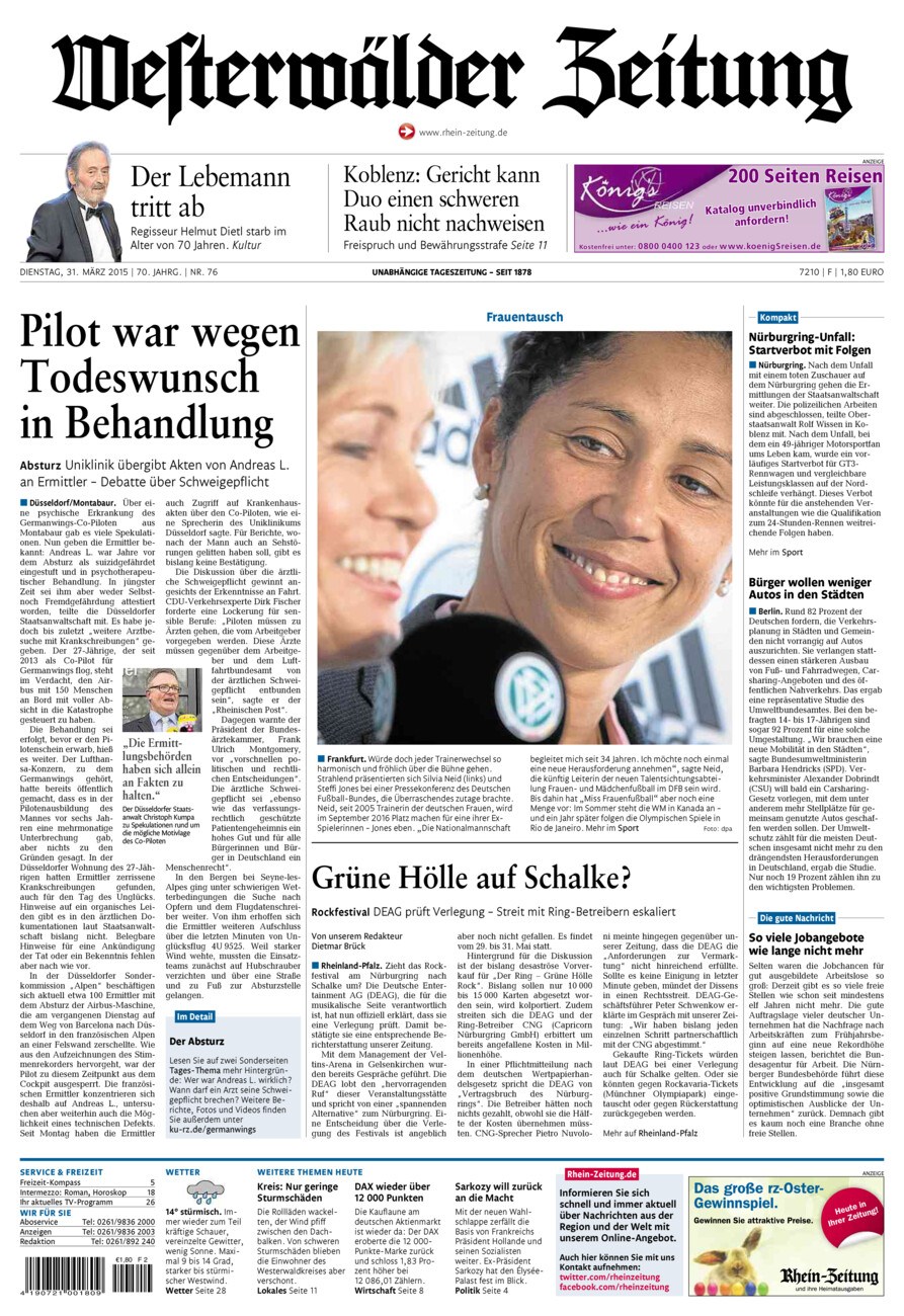 Westerwälder Zeitung vom Dienstag, 31.03.2015