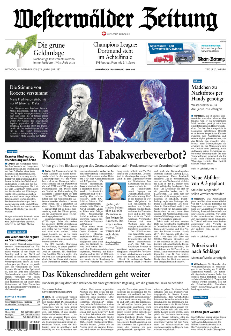 Westerwälder Zeitung vom Mittwoch, 11.12.2019