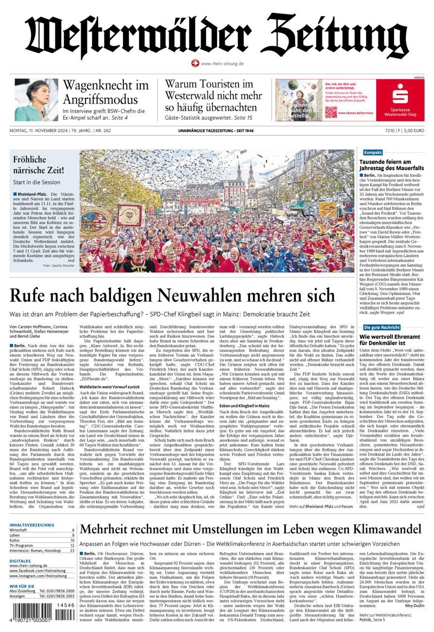 Westerwälder Zeitung vom Montag, 11.11.2024