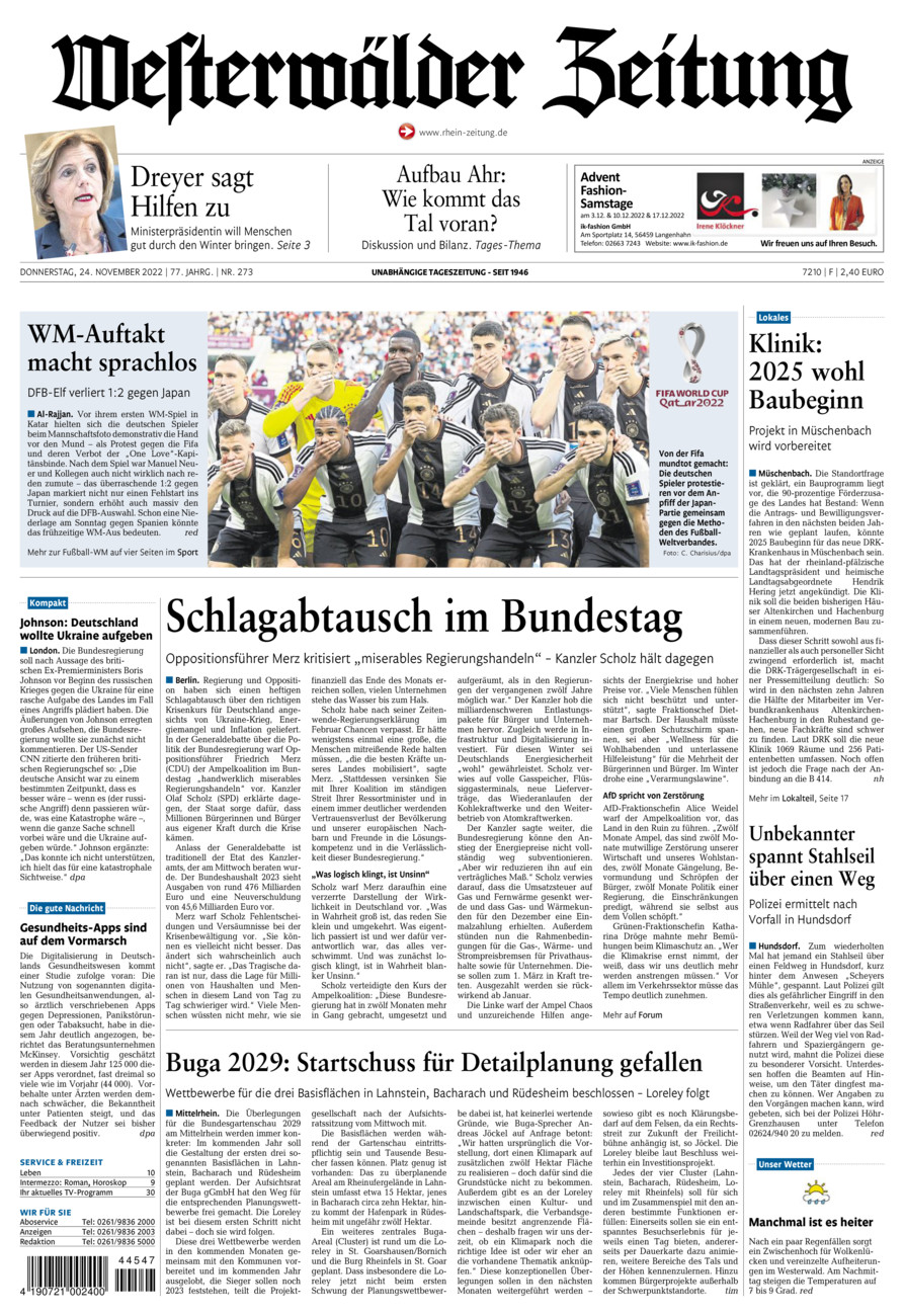 Westerwälder Zeitung vom Donnerstag, 24.11.2022