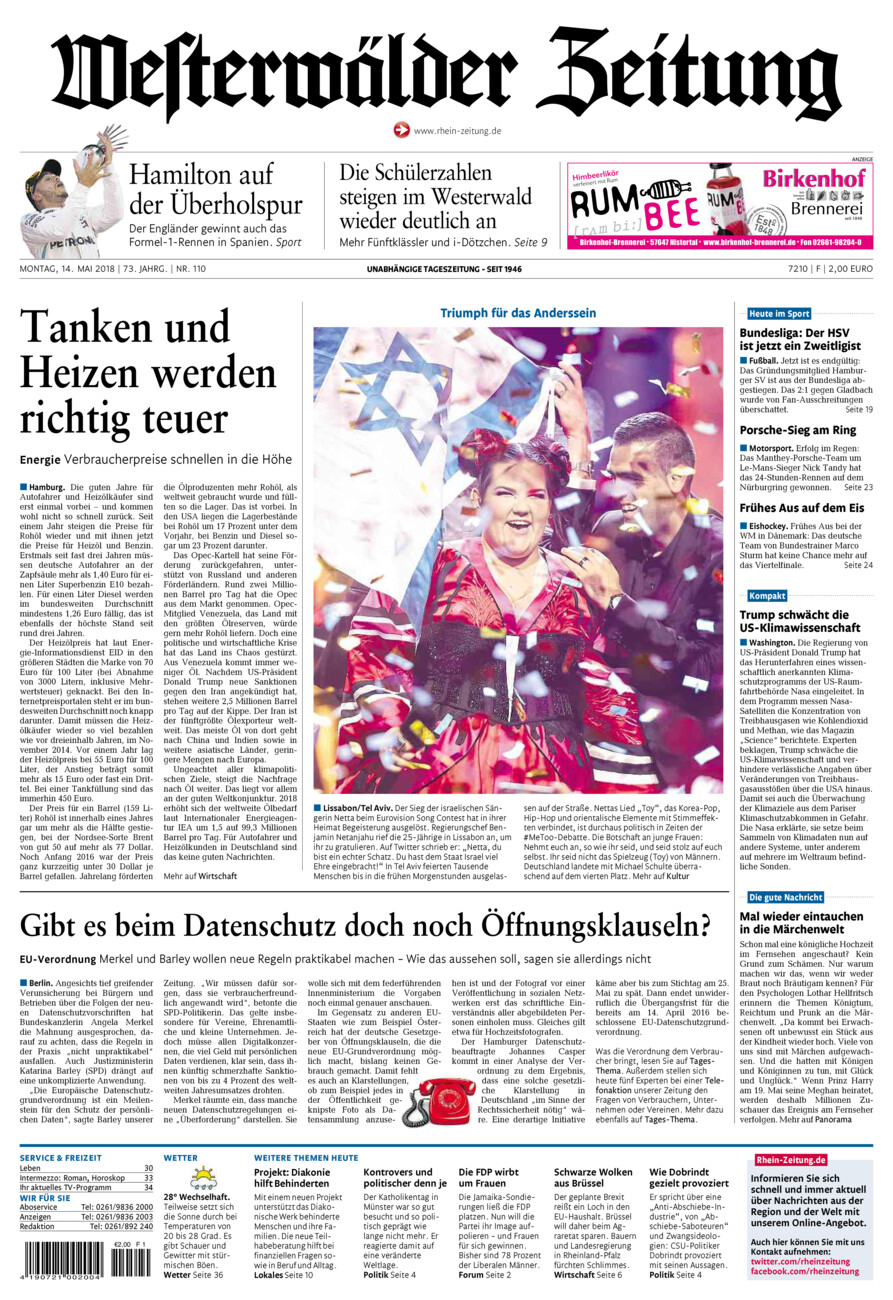 Westerwälder Zeitung vom Montag, 14.05.2018