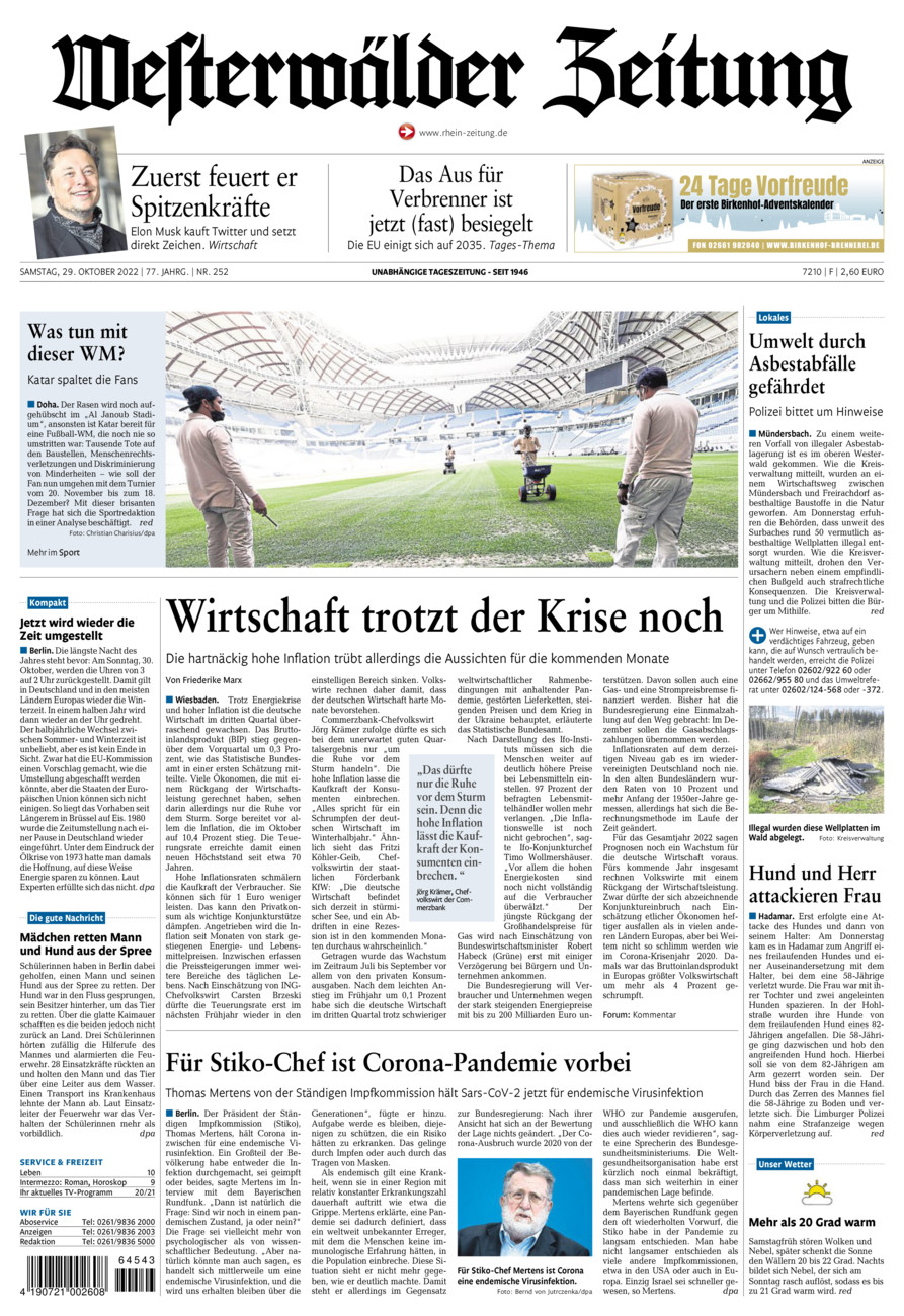Westerwälder Zeitung vom Samstag, 29.10.2022