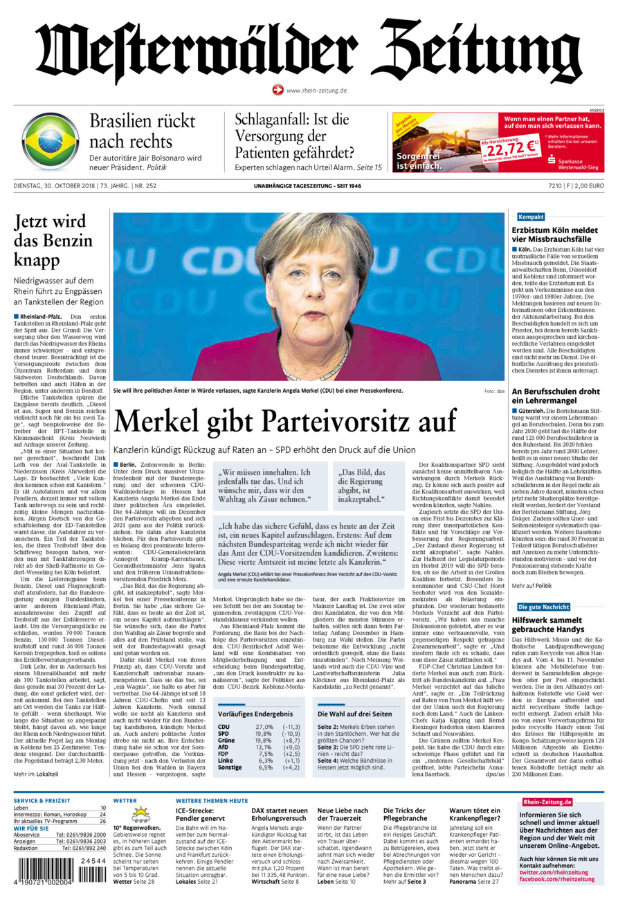 Westerwälder Zeitung vom Dienstag, 30.10.2018