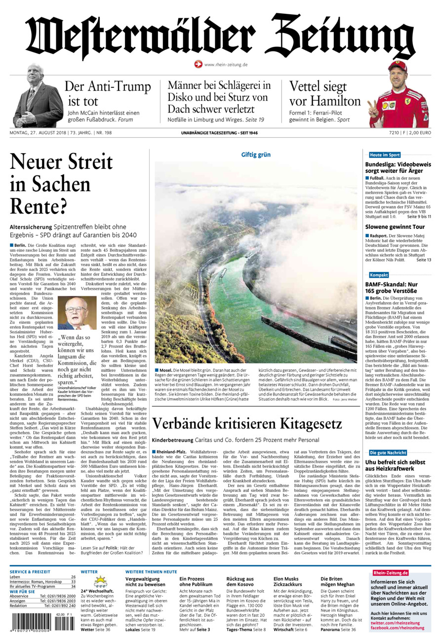 Westerwälder Zeitung vom Montag, 27.08.2018