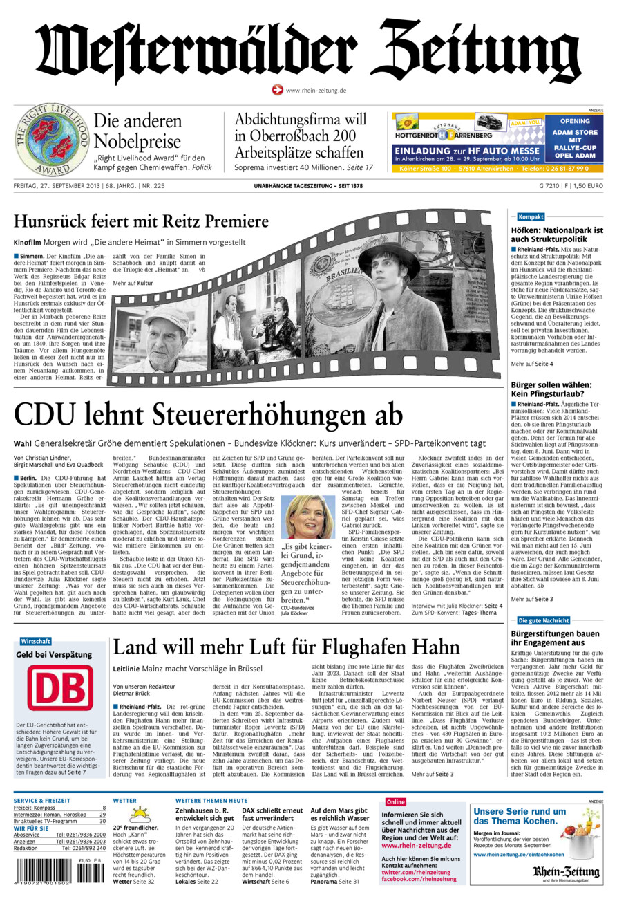 Westerwälder Zeitung vom Freitag, 27.09.2013
