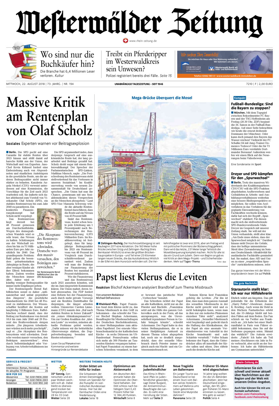 Westerwälder Zeitung vom Mittwoch, 22.08.2018