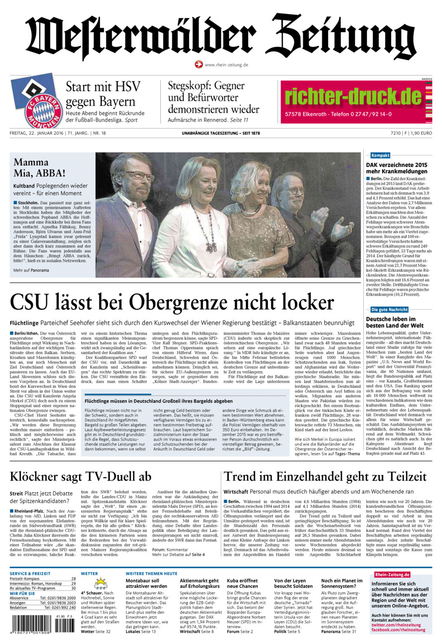 Westerwälder Zeitung vom Freitag, 22.01.2016