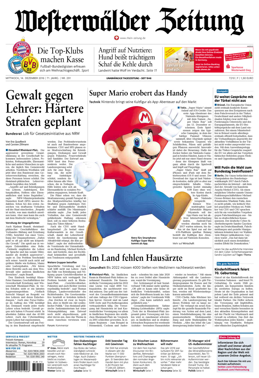 Westerwälder Zeitung vom Mittwoch, 14.12.2016