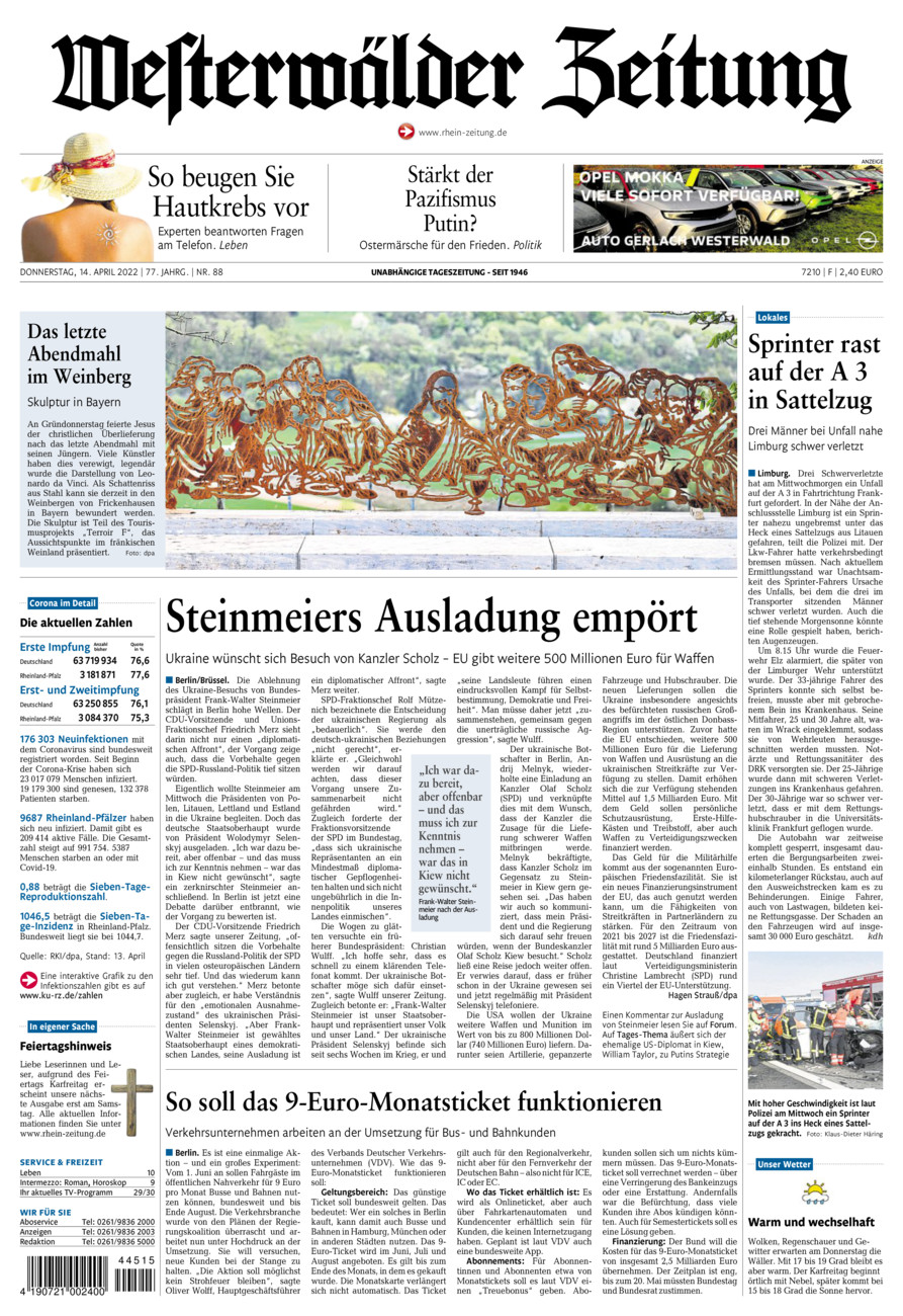 Westerwälder Zeitung vom Donnerstag, 14.04.2022