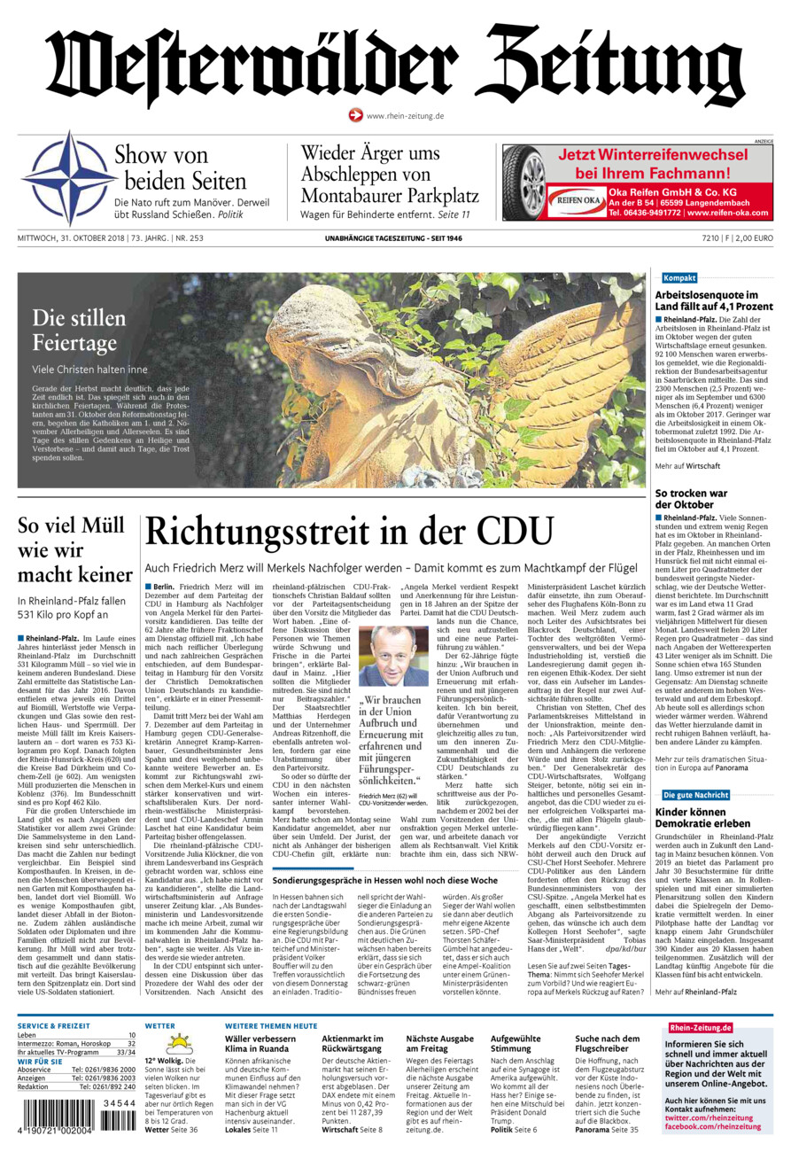 Westerwälder Zeitung vom Mittwoch, 31.10.2018