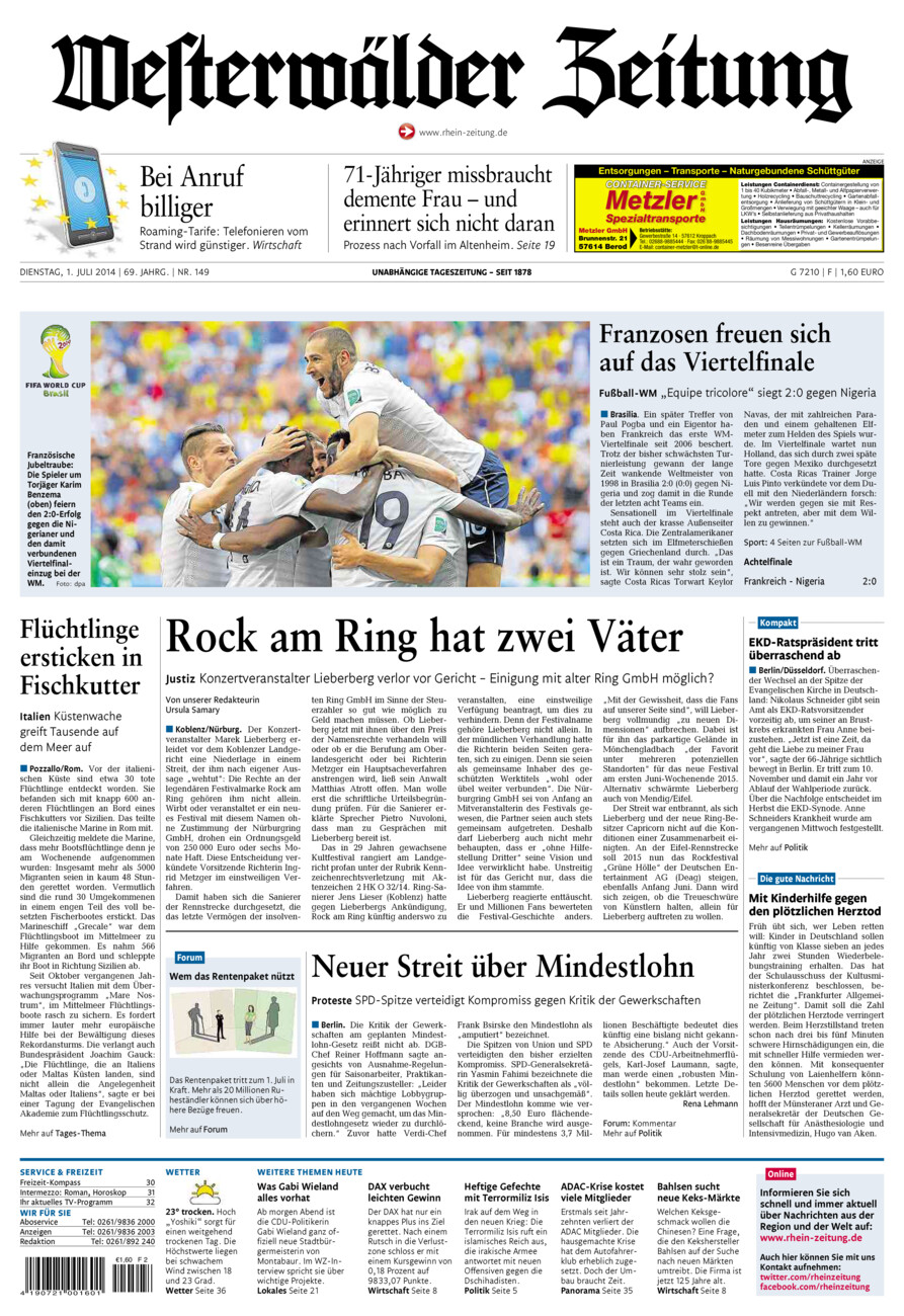 Westerwälder Zeitung vom Dienstag, 01.07.2014