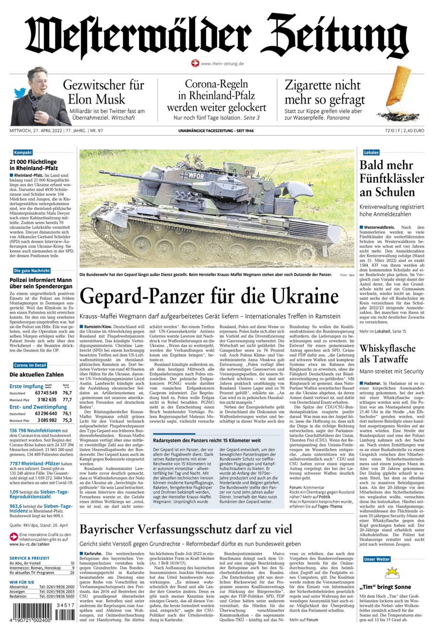 Westerwälder Zeitung vom Mittwoch, 27.04.2022