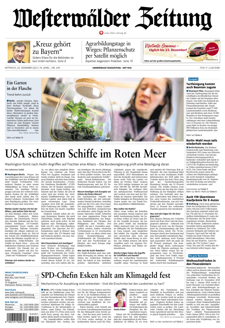 Westerwälder Zeitung vom Mittwoch, 20.12.2023