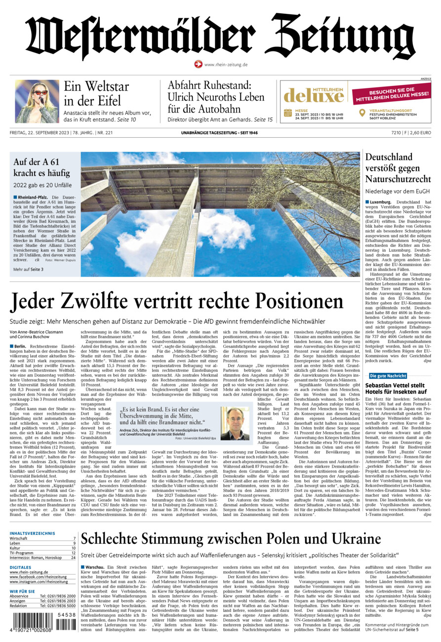 Westerwälder Zeitung vom Freitag, 22.09.2023