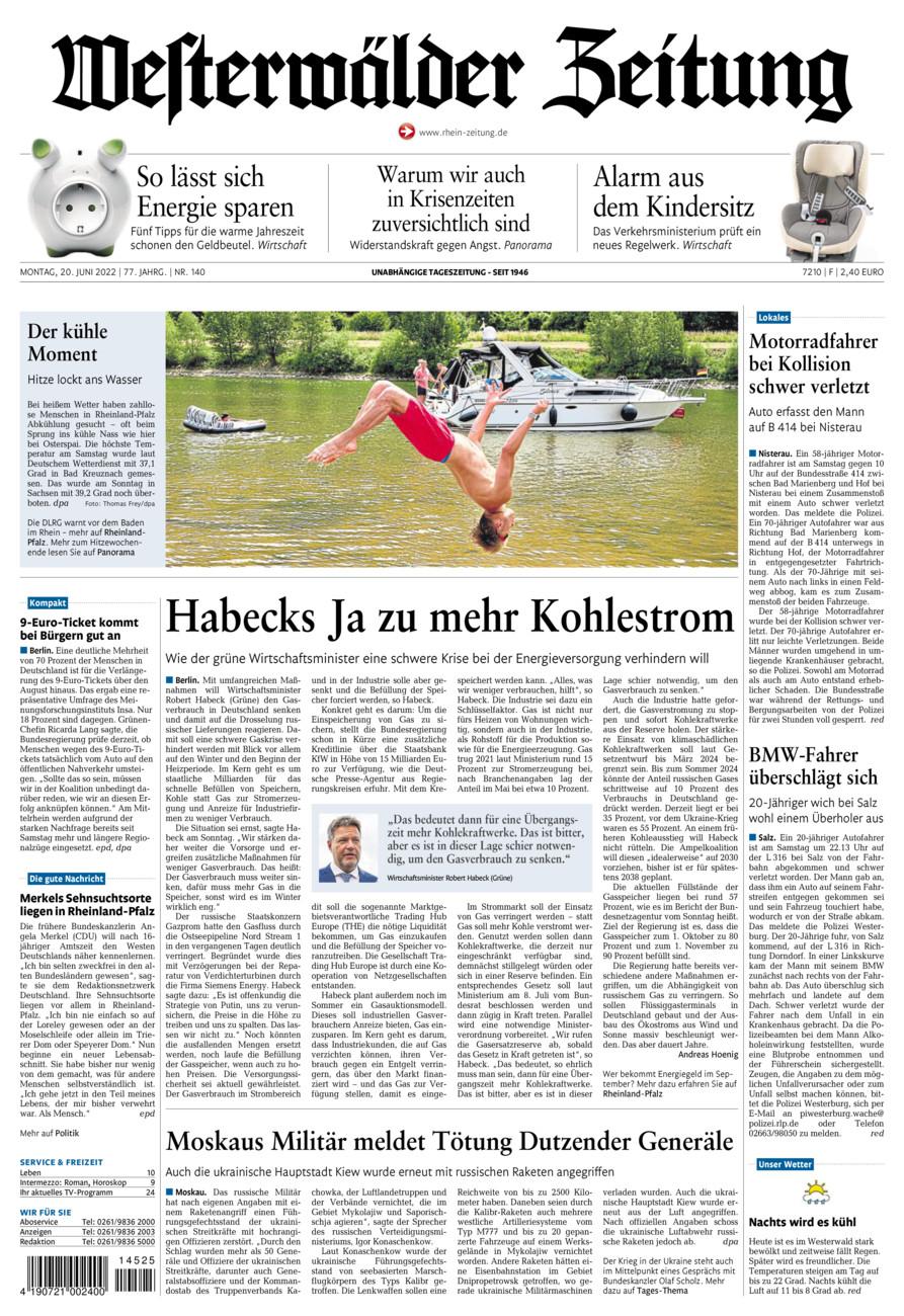 Westerwälder Zeitung vom Montag, 20.06.2022